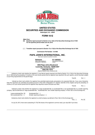 Miniature Papa John's Pizza
 10-Q Rapport trimestriel 2013 