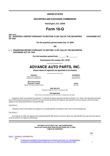 Thumbnail Advance Auto Parts
 10-Q Quarterly Report FY 