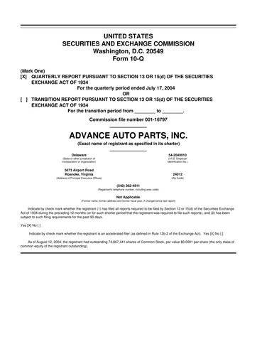 Thumbnail Advance Auto Parts
 10-Q Quarterly Report FY 