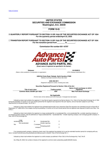 Thumbnail Advance Auto Parts
 10-Q Quarterly Report FY2022 