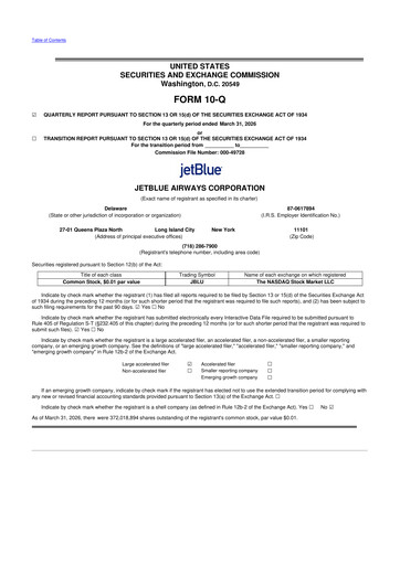 Thumbnail Jetblue Airways
 10-Q Quarterly Report FY 