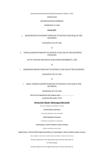 Thumbnail Deutsche Bank 20-F Annual Report 2020