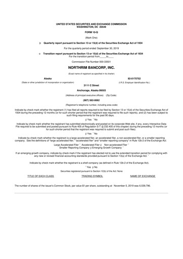 Thumbnail Northrim BanCorp 10-Q Quarterly Report FY2019 