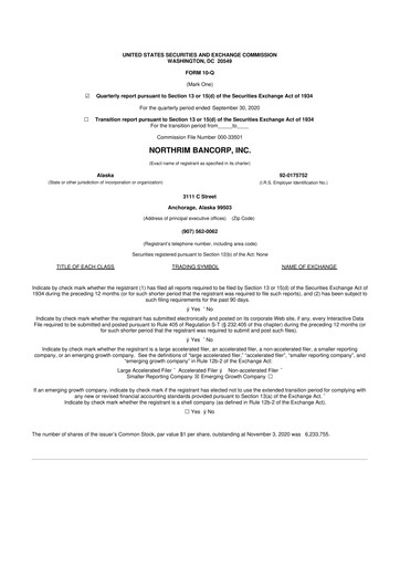 Thumbnail Northrim BanCorp 10-Q Quarterly Report FY2020 