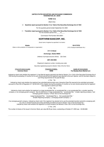 Thumbnail Northrim BanCorp 10-Q Quarterly Report FY2025 