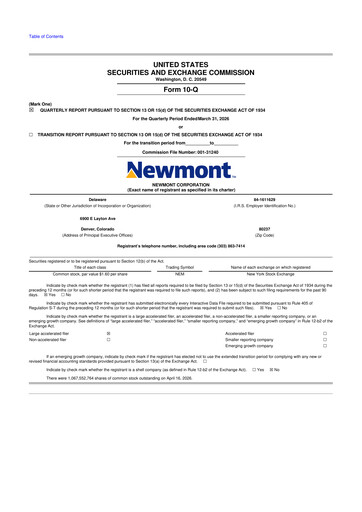 Miniature Newmont 10-Q Rapport trimestriel  