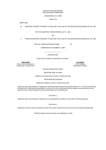 Thumbnail Synopsys 10-Q Quarterly Report FY 