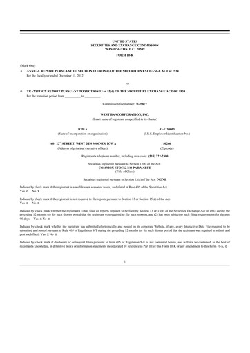 Thumbnail West Bancorporation 10-K Annual Report 2012