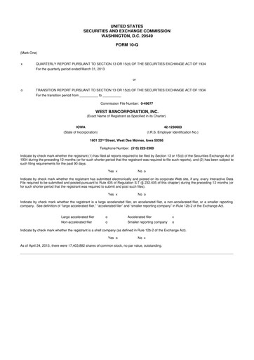 Thumbnail West Bancorporation 10-Q Quarterly Report FY2013 