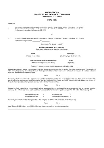 Thumbnail West Bancorporation 10-Q Quarterly Report FY2015 