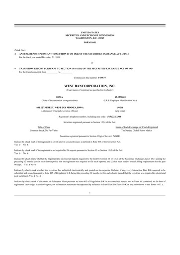 Thumbnail West Bancorporation 10-K Annual Report 2016