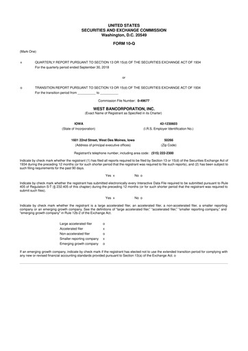 Thumbnail West Bancorporation 10-Q Quarterly Report FY2018 