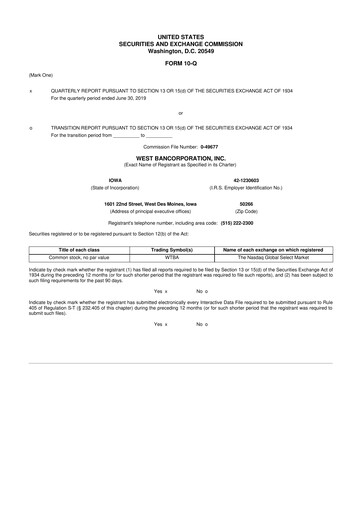 Thumbnail West Bancorporation 10-Q Quarterly Report FY2019 