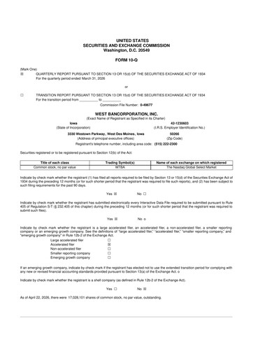 Thumbnail West Bancorporation 10-Q Quarterly Report FY 