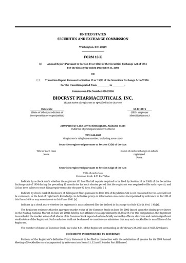 Thumbnail BioCryst Pharmaceuticals
 10-K Annual Report 