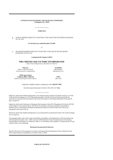 Thumbnail The Cheesecake Factory
 10-K Annual Report 