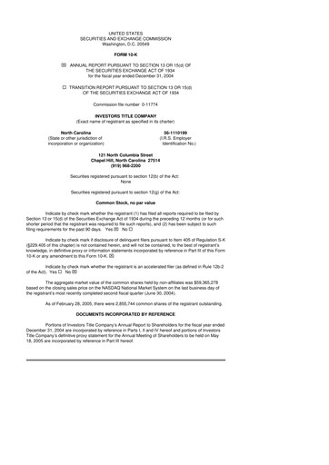 Thumbnail Investors Title Company
 10-K Annual Report 