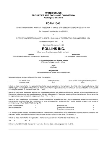 Miniature Rollins 10-Q Rapport trimestriel 2019 