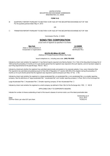 Thumbnail Sono-Tek Corporation 10-Q Quarterly Report FY 