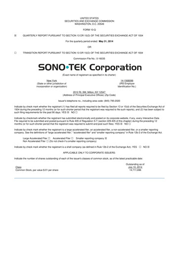 Thumbnail Sono-Tek Corporation 10-Q Quarterly Report FY 