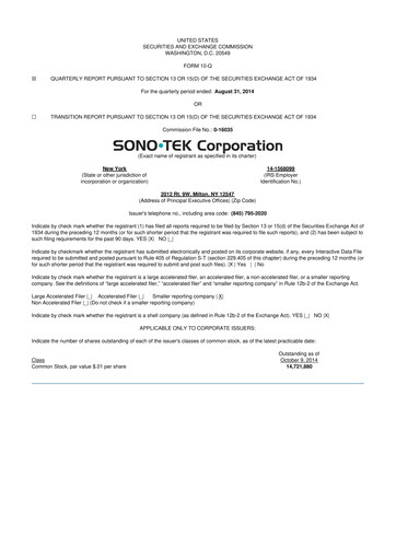 Thumbnail Sono-Tek Corporation 10-Q Quarterly Report FY 
