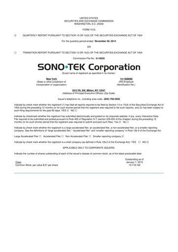 Thumbnail Sono-Tek Corporation 10-Q Quarterly Report FY 