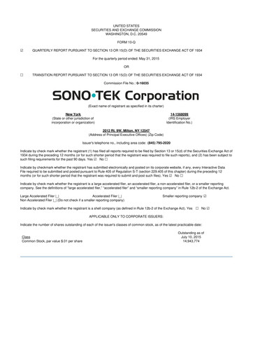 Thumbnail Sono-Tek Corporation 10-Q Quarterly Report FY 