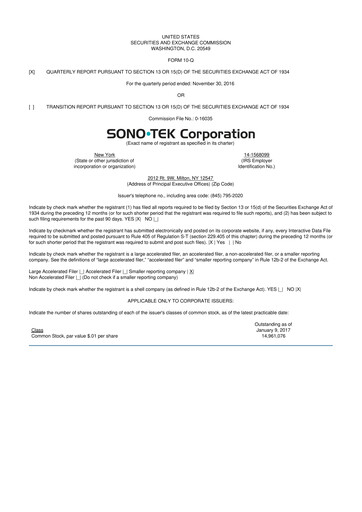 Thumbnail Sono-Tek Corporation 10-Q Quarterly Report FY 
