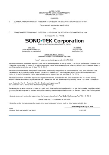 Thumbnail Sono-Tek Corporation 10-Q Quarterly Report FY 