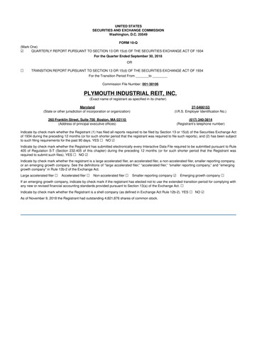 Thumbnail Plymouth Industrial REIT 10-Q Quarterly Report FY2018 