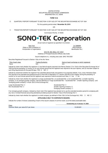 Thumbnail Sono-Tek Corporation 10-Q Quarterly Report FY 