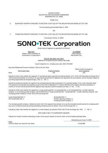 Thumbnail Sono-Tek Corporation 10-Q Quarterly Report FY 