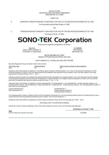 Thumbnail Sono-Tek Corporation 10-Q Quarterly Report FY 
