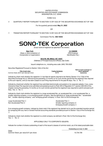 Thumbnail Sono-Tek Corporation 10-Q Quarterly Report FY 