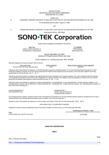 Thumbnail Sono-Tek Corporation 10-Q Quarterly Report FY 
