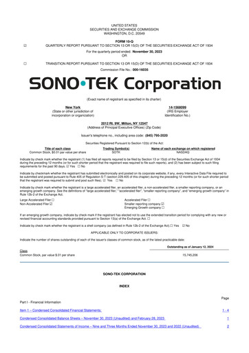 Thumbnail Sono-Tek Corporation 10-Q Quarterly Report FY 