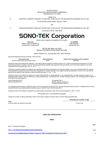 Thumbnail Sono-Tek Corporation 10-Q Quarterly Report FY 