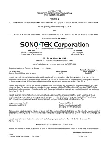 Thumbnail Sono-Tek Corporation 10-Q Quarterly Report FY 