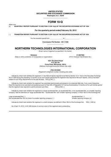 Thumbnail Northern Technologies International 10-Q Quarterly Report FY2012 