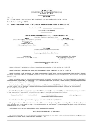 Miniature Northern Technologies International 10-K Rapport annuel 2012