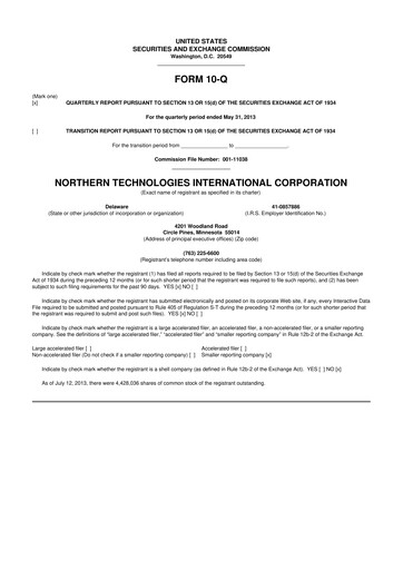 Thumbnail Northern Technologies International 10-Q Quarterly Report FY2013 