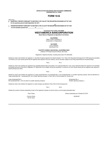 Vorschaubild Westamerica Bancorporation
 10-Q Quartalsbericht 2013 