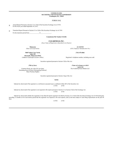 Thumbnail Clearfield 10-K Annual Report 2013