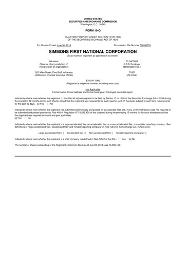 Thumbnail Simmons First National 10-Q Quarterly Report FY2014 
