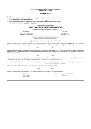 Vorschaubild Westamerica Bancorporation
 10-Q Quartalsbericht 2014 