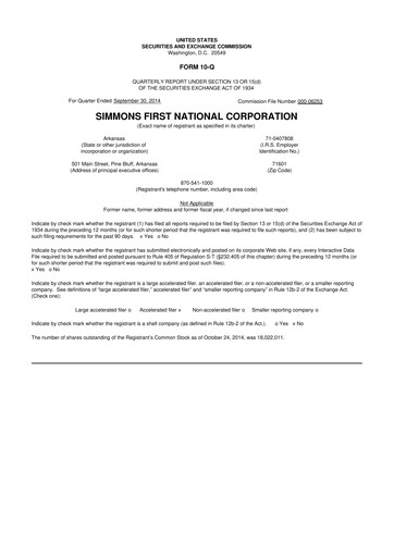 Thumbnail Simmons First National 10-Q Quarterly Report FY2014 