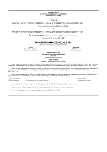 Thumbnail Xenon Pharmaceuticals 10-Q Quarterly Report FY 