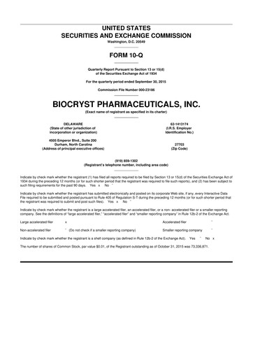 Thumbnail BioCryst Pharmaceuticals
 10-Q Quarterly Report FY2015 