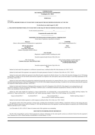 Miniature Northern Technologies International 10-K Rapport annuel 2015
