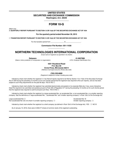 Thumbnail Northern Technologies International 10-Q Quarterly Report FY2016 